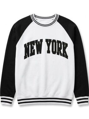 Men's New York Raglan Crewneck Sweatshirt Black White Varsity Pullover S-2XL